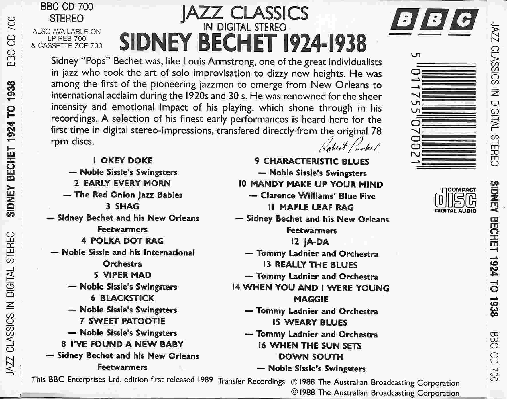 Picture of BBCCD700 Jazz classics - Sidney Bechet 1925 - 1928 by artist Sidney Bechet  from the BBC records and Tapes library
